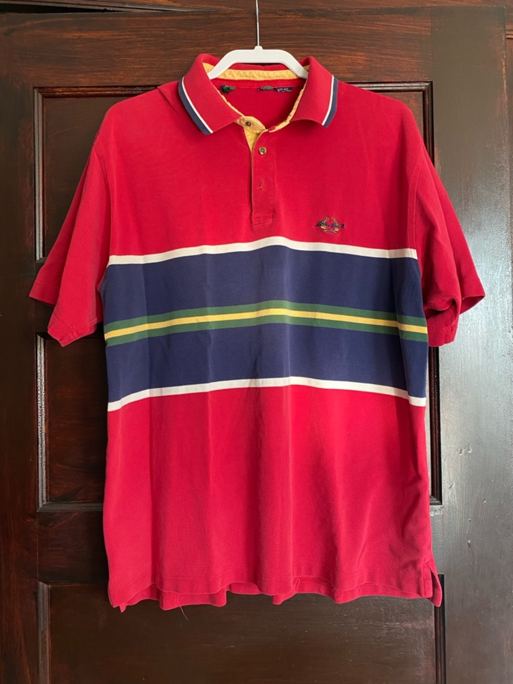 Vintage Eddie Bauer Striped Polo Shirt Crest Logo 90s Red Navy XL
